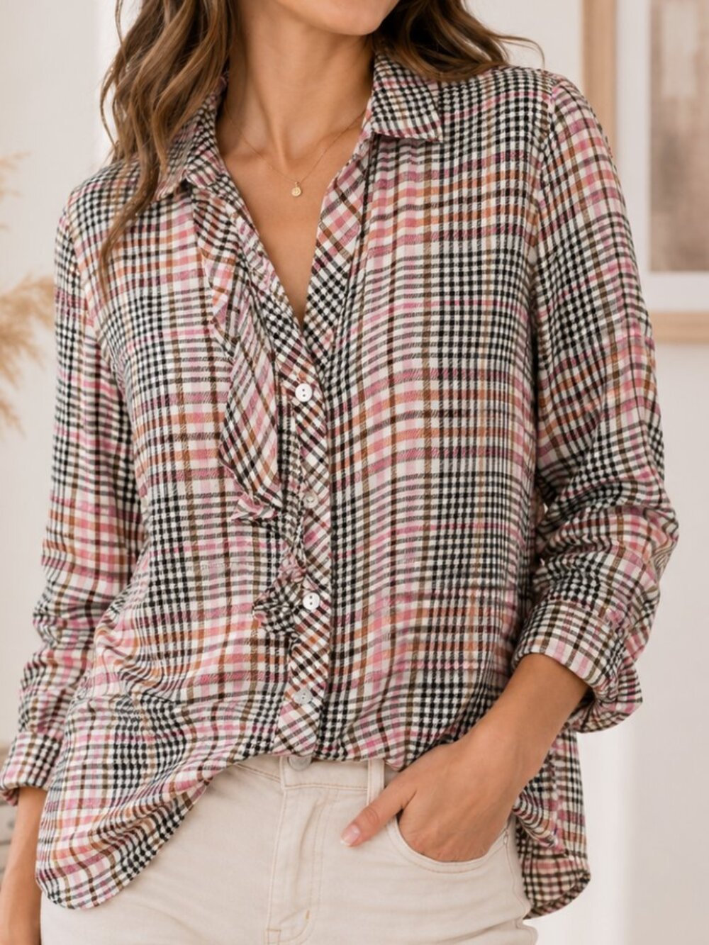 J. Jill Plaid Ruffle Front Rayon Blouse Pink Brown Lightweight Shirt XS